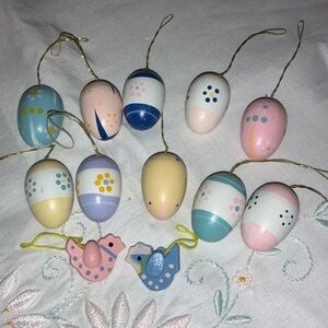 Vintage Colorful Hand Painted Wooden Mini Easter Egg Ornaments 10 Eggs 2 Birds